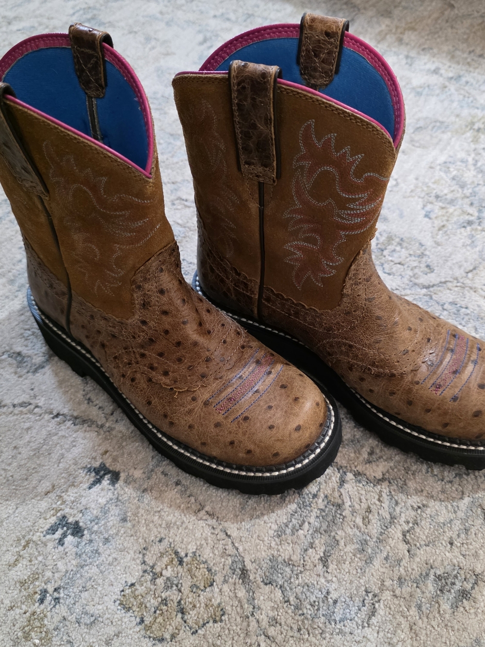 Womens Brown Ostrich-Style Western Boots with Pink & Blue Lining